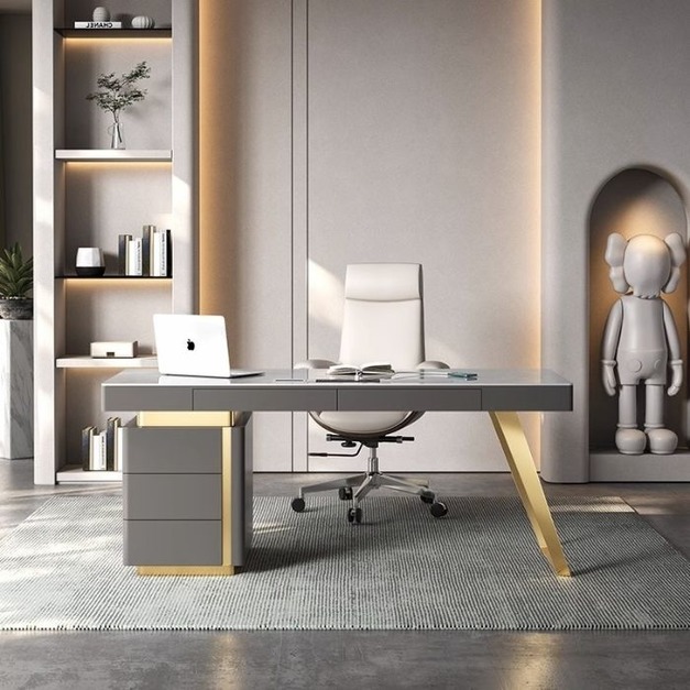 【摩登奢居系列】輕奢風家用書房書桌簡約亮光比薩灰岩板辦公桌電腦桌