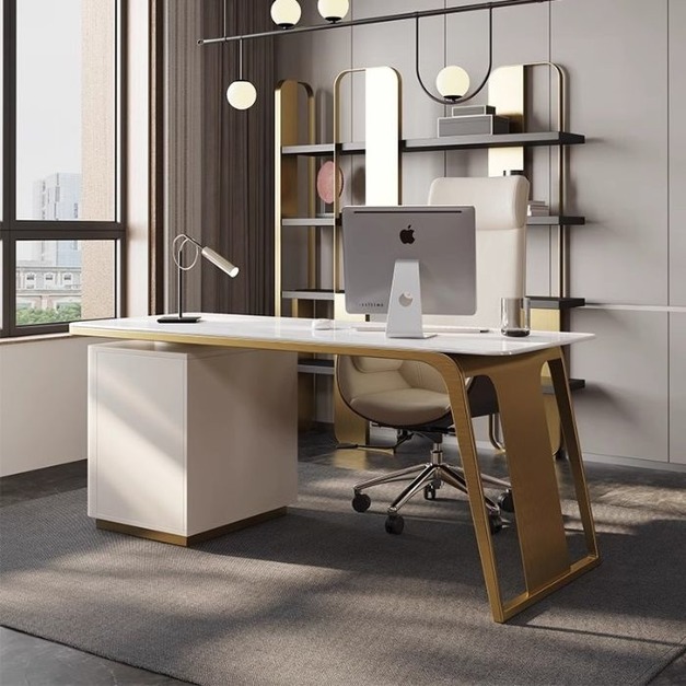 【摩登奢居系列】 意式輕奢風格辦公桌簡約6mm亮光魚肚白岩板家用書房書桌