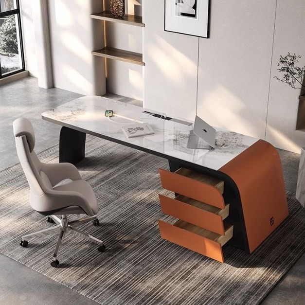 【摩登奢居系列】簡約時尚書房收納辦公桌家用極簡亮光香奈兒岩板書桌