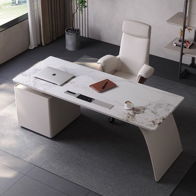 【摩登奢居系列】意式極簡家用大小戶型書房大氣亮光魚肚白岩板電腦桌書桌