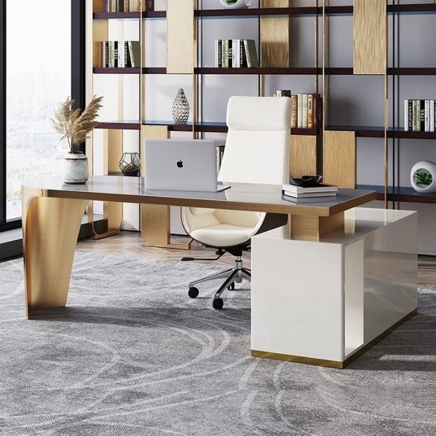 【摩登奢居系列】意式輕奢大氣亮光岩板收納辦公桌簡約家用書房書桌