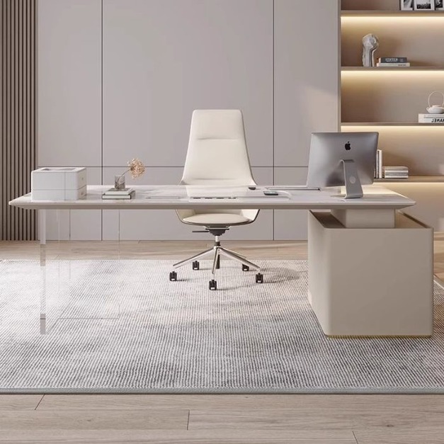 【摩登奢居系列】意式輕奢6mm亮光香奈兒岩板書桌簡約亞克力底架辦公桌