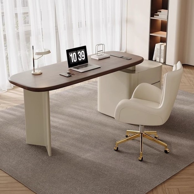 【摩登奢居系列】意式極簡胡桃木紋書房書桌帶收納油漆櫃可拉伸寫字檯辦公桌