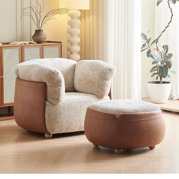 【海小特系列】設計師款-芬迪沙發椅 意式花瓣布休閒椅極簡風客廳陽台皮布結合軟包休閒椅