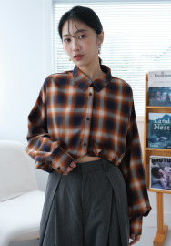 格紋抽繩綁帶襯衫｜橘棕