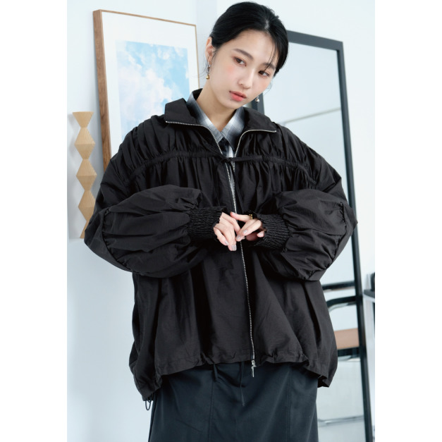 抓皺綁帶尼龍氣球外套｜黑