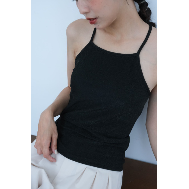 銀蔥細閃削肩Bra top｜黑