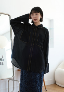 滾線紋理寬袖襯衫｜黑