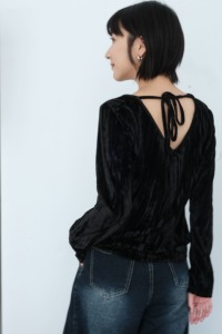 絲絨綁帶上衣｜黑