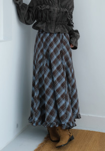 冬日格紋荷葉下擺裙｜藍棕色