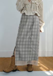 輕柔透紗格紋直筒裙｜灰綠