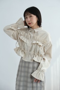 燈心絨抓褶綁帶襯衫｜米白