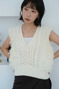 流蘇感織紋針織背心｜白