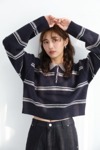 復古條紋柔軟針織上衣｜深藍