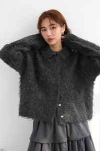 混色毛絨針織翻領外套｜深灰