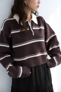 復古條紋柔軟針織上衣｜咖啡紫棕色