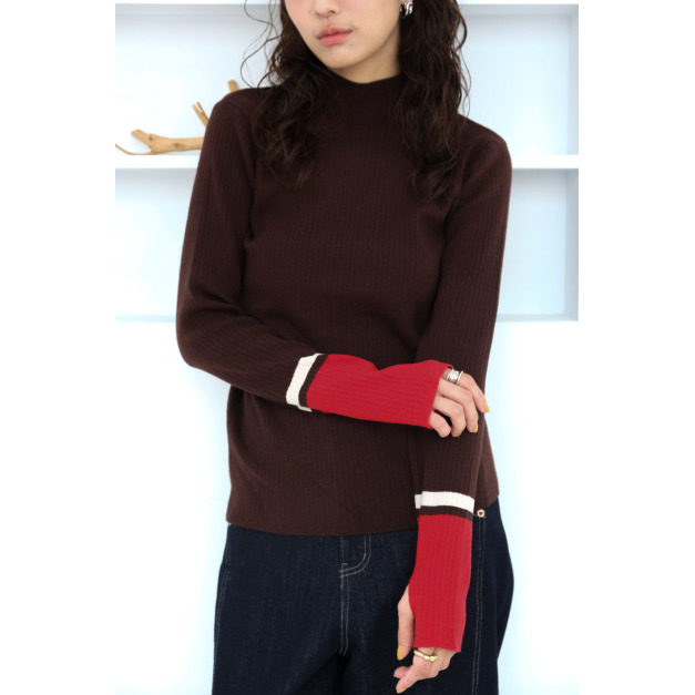 抗靜電!柔軟手袖拼色針織上衣｜咖啡