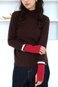 抗靜電!柔軟手袖拼色針織上衣｜咖啡