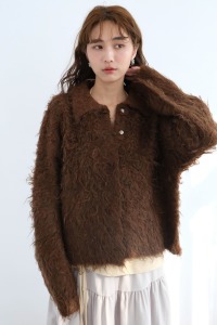 混色毛絨針織翻領外套｜咖啡