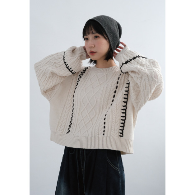 手工縫線麻花針織上衣｜米白