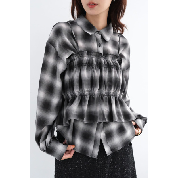 輕薄紗線背心襯衫組合｜黑