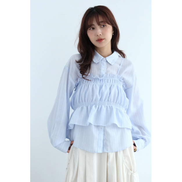 輕薄紗線背心襯衫組合｜藍