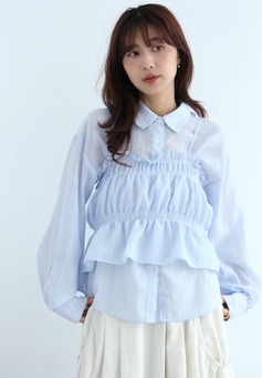 輕薄紗線背心襯衫組合｜藍