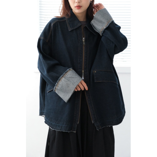 抽鬚寬袖牛仔外套｜深藍(限量)
