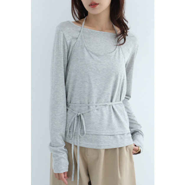 2way背心層疊綁帶上衣｜灰