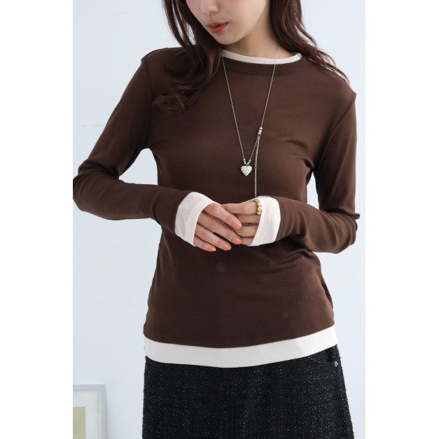 拼接雙色層次透膚上衣｜咖啡x透粉