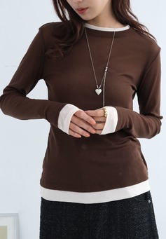 拼接雙色層次透膚上衣｜咖啡x透粉