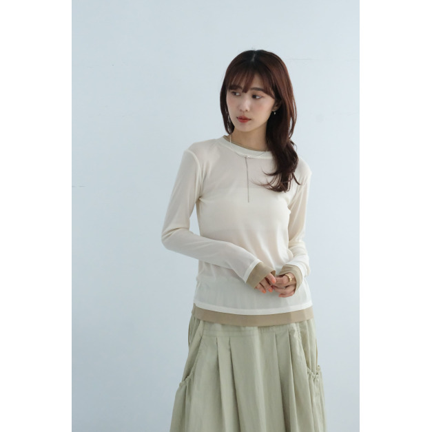 拼接雙色層次透膚上衣｜米x燕麥杏色