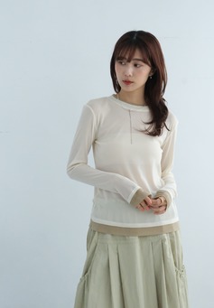 拼接雙色層次透膚上衣｜米x燕麥杏色