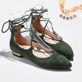 【法式調情】繞踝綁帶尖頭金屬跟平底鞋_森林綠(22/22.5/24) (腳板偏寬可拿大半號)_3