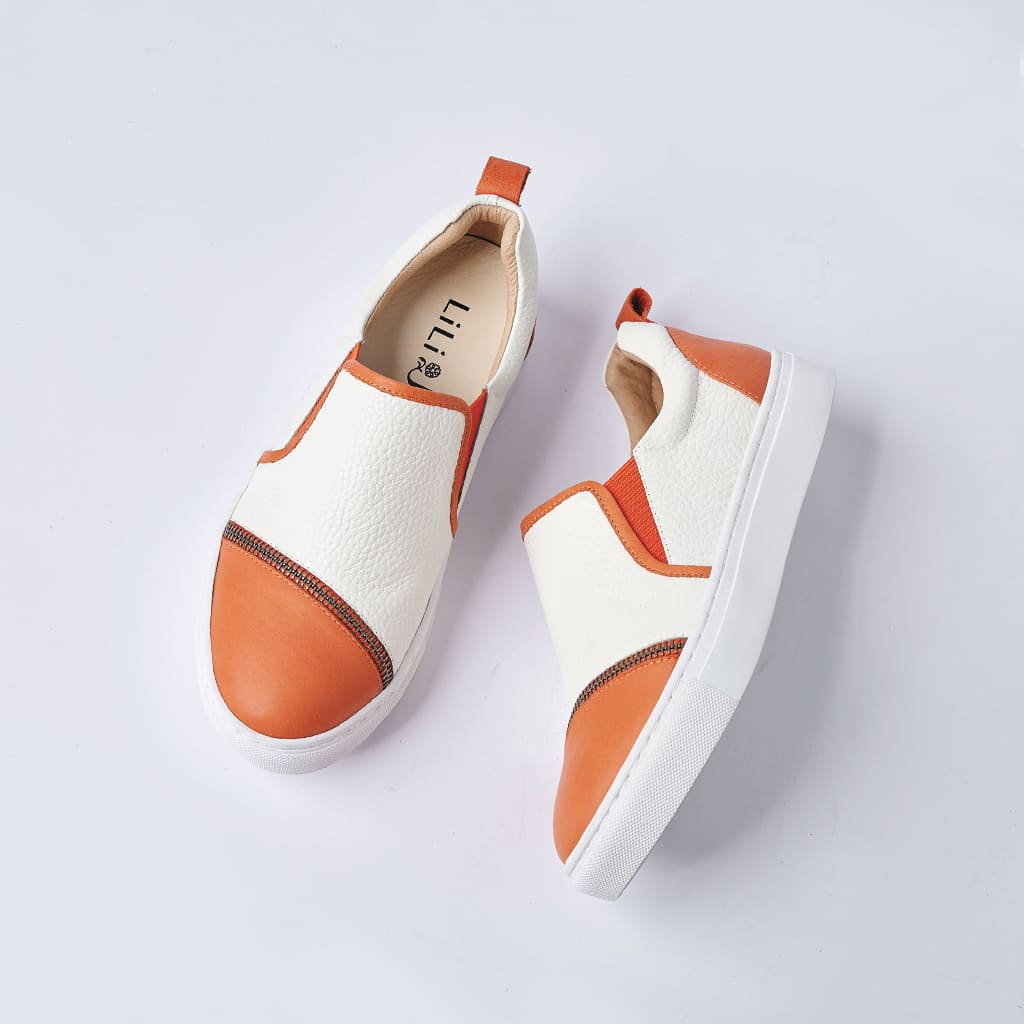 清倉特賣．【斜切馬卡龍】全真皮撞色拼接樂福鞋_橘子杏仁(22.5/23/23.5/24)