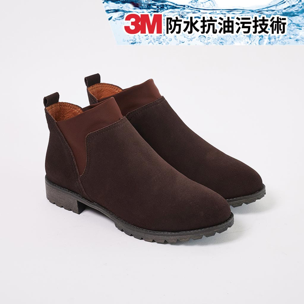 【英倫回憶】防水抗污牛皮拼接彈力萊卡布短靴_巧克力