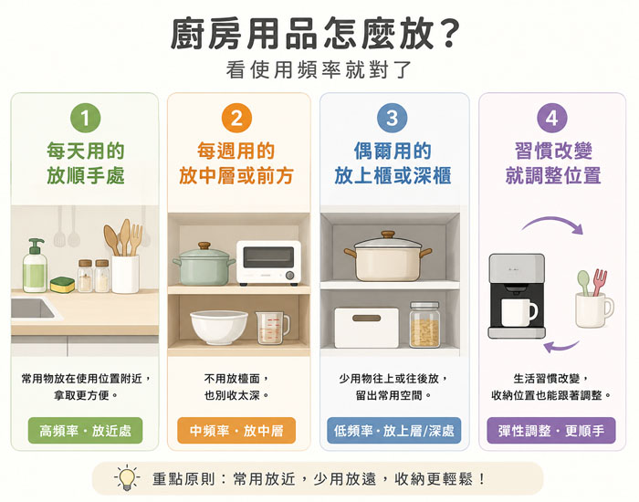 依使用頻率安排廚房用品位置,常用放近,少用放遠。