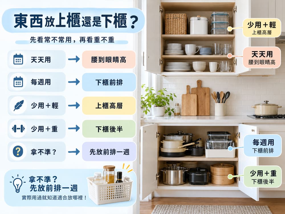 廚房上櫃與下櫃依取用頻率及重量分配