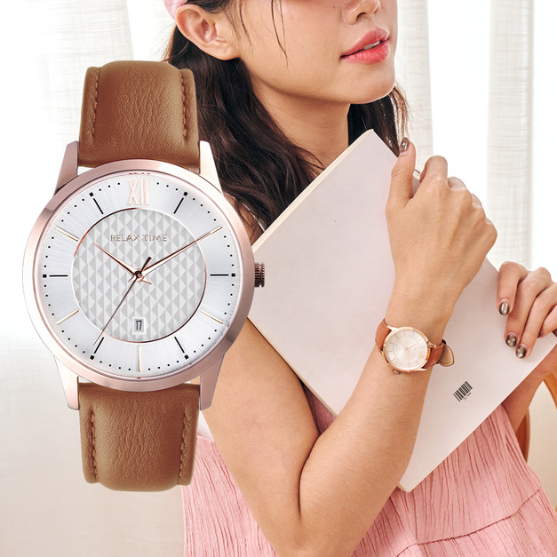 RELAX TIME 石英款 立體格紋時尚女錶  -玫瑰金  (RT-118-3L) 36mm