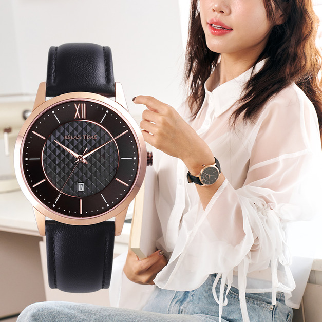 RELAX TIME 石英款 立體格紋時尚女錶  -黑  (RT-118-5L) 36mm