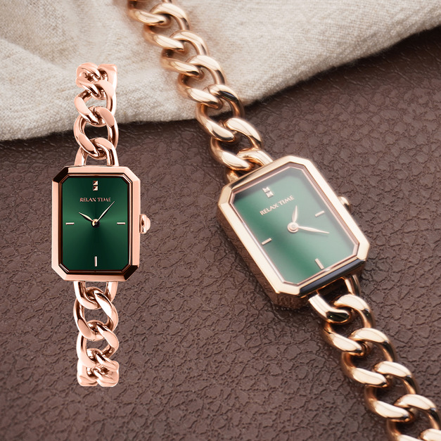 RELAX TIME 長方手鍊風格女錶 玫瑰金 綠 (RT-109-2-06)