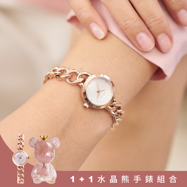 1+1水晶熊手錶組合|手鍊風格女錶 玫瑰金&times;白 (RT-109-1-02) 