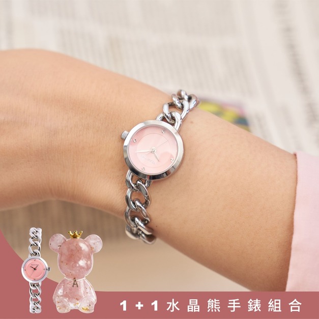 官網限定-1+1水晶熊手錶組合|RELAX TIME 手鍊風格女錶 粉 (RT-109-1-01)