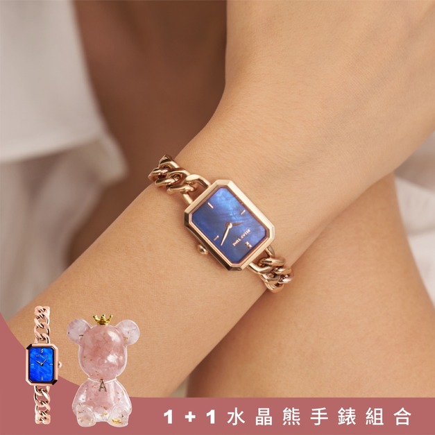 官網限定-1+1水晶熊手錶組合|RELAX TIME 長方手鍊風格女錶 玫瑰金 藍 (RT-109-2-02)