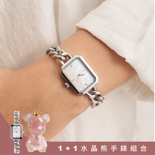 官網限定-1+1水晶熊手錶組合| RELAX TIME 長方手鍊風格女錶 白 (RT-109-2-01)
