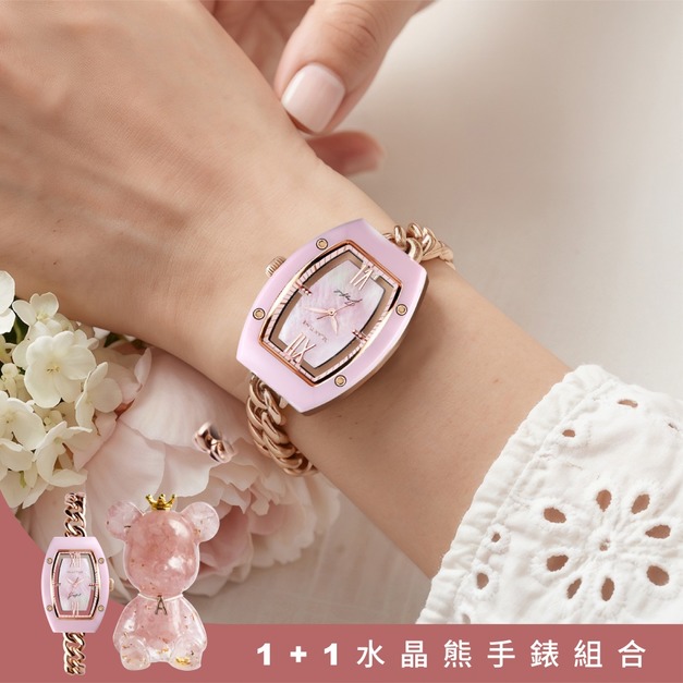 1+1水晶熊手錶組合|RELAX TIME Joyful 陶瓷酒桶錶 櫻粉浪漫  (RT-119-2)