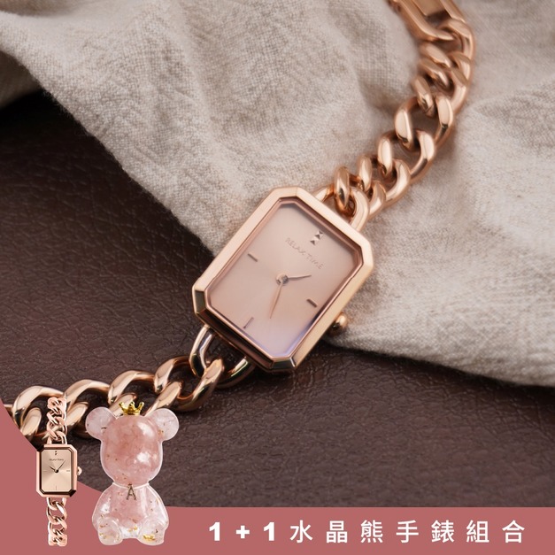 官網限定-1+1水晶熊手錶組合|RELAX TIME 長方手鍊風格女錶 玫瑰金  (RT-109-2-07)
