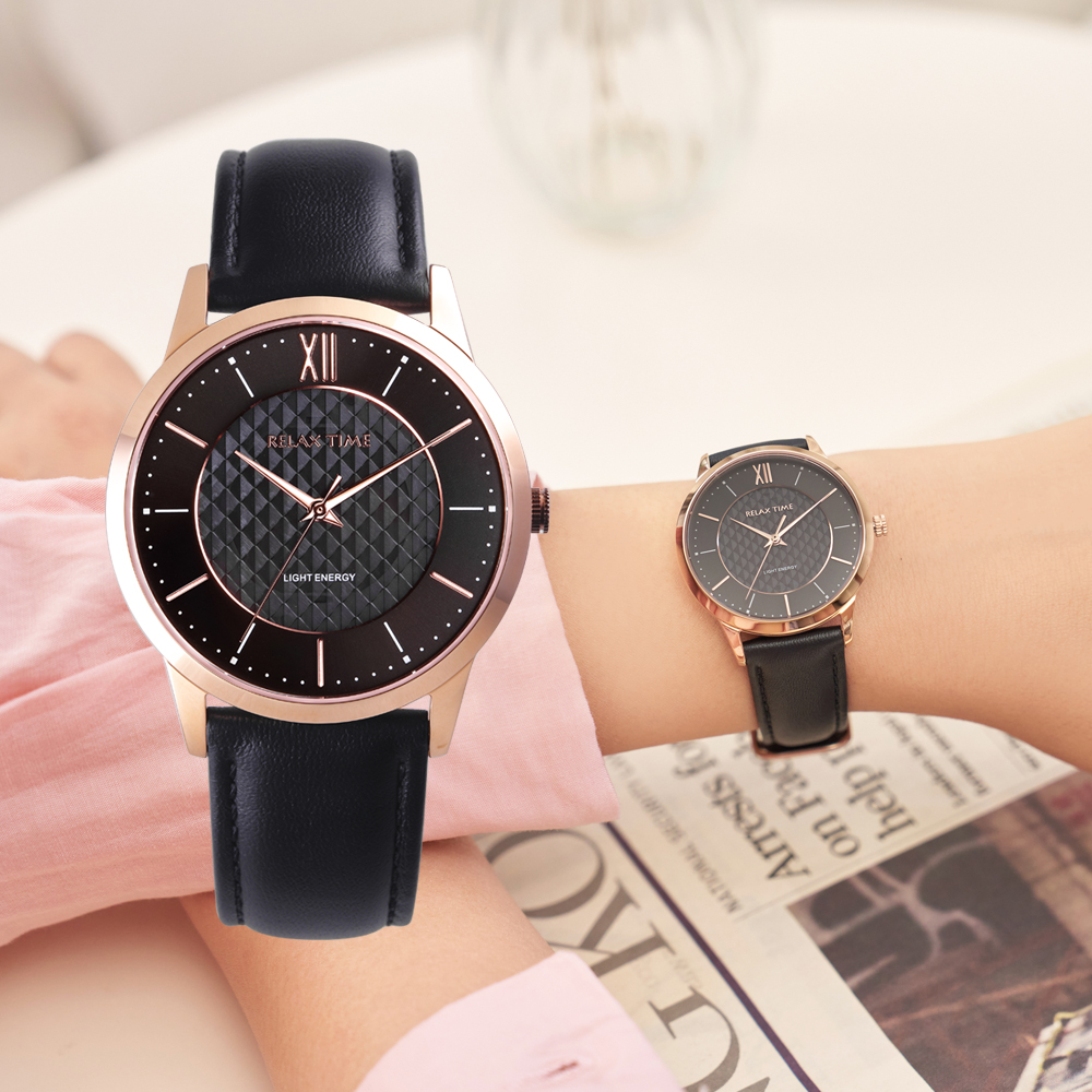 RELAX TIME 太陽能 時尚女錶  -玫瑰金黑  (RT-108S-5L) 36mm