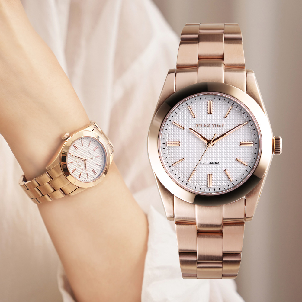 RELAX TIME 太陽能系列 立體格紋女錶 -玫瑰金 (RT-105S-1L) 34mm