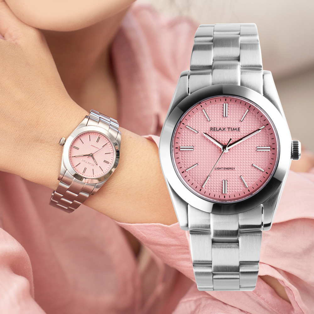 RELAX TIME 太陽能系列 立體格紋女錶 -粉 (RT-105S-5L) 34mm